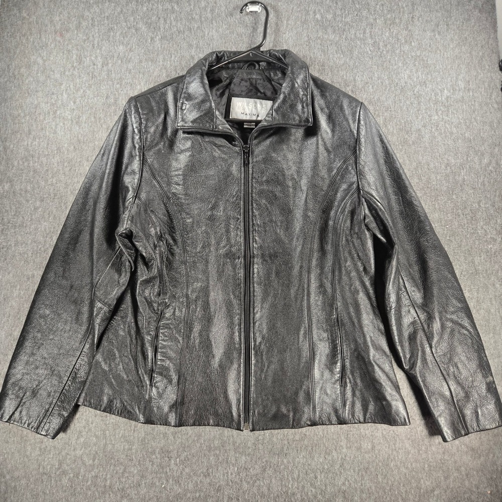 Wilsons Leather Maxima Jacket Womens XL Black Full Zip Genuine Leather Moto 90s